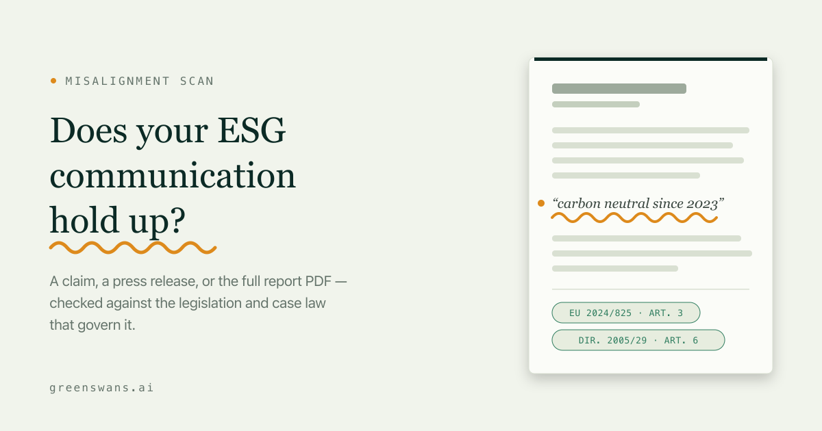 greenswans.ai preview: Misalignment scan. Does your ESG communication hold up? A claim, a press release, or the full report PDF, checked against the legislation and case law that govern it